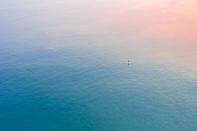 <p>Aerial view of a single surfer in Cabarita, Australia at sunrise. </p>