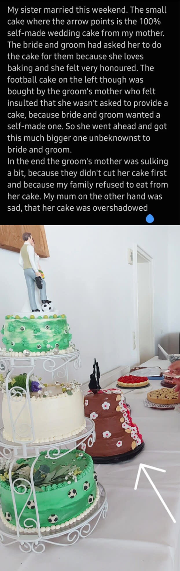 The couple asked the bride's mother to make a cake for their wedding because she's a baker, and the groom's mother responded by buying a giant cake to overshadow the homemade one