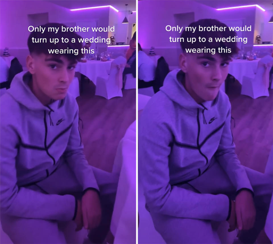 TikTok of guy wearing tracksuit at a wedding