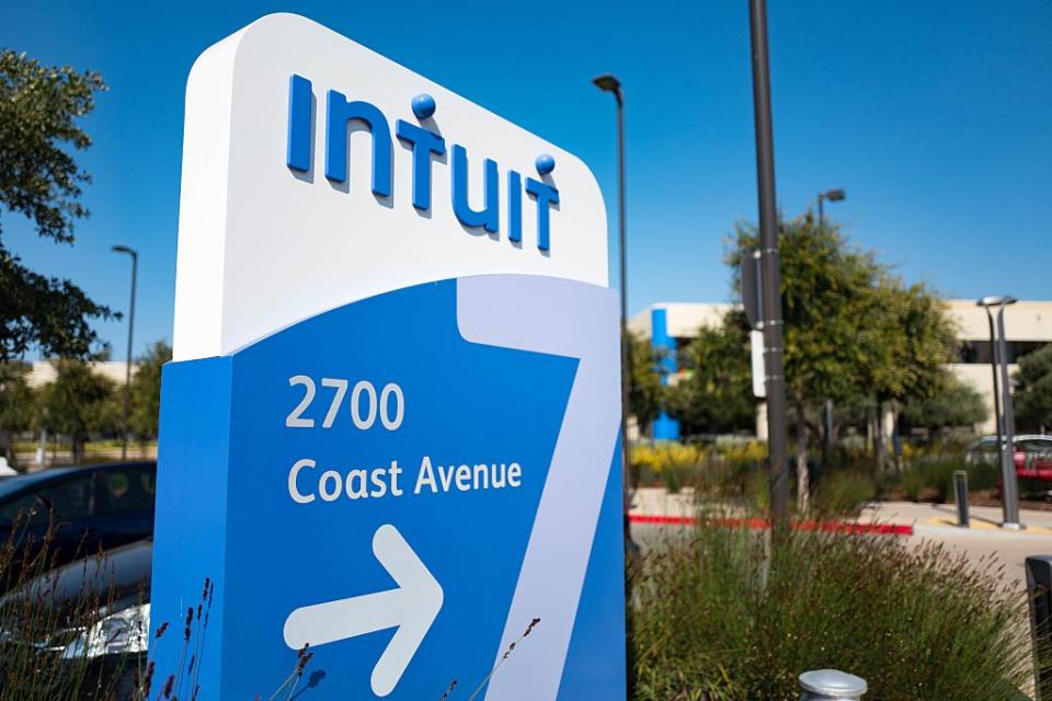 Signage for financial software company Intuit at the company's headquarters in the Silicon Valley town of Mountain View, California, August 24, 2016. (Photo by Smith Collection/Gado/Getty Images).