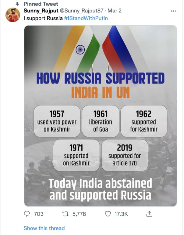 An example of an #IStandWithPutin tweet that became widespread on Twitter in India - Twitter