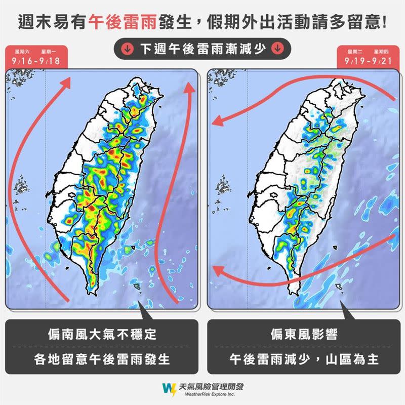 週末可能有午後雷陣雨。（圖／天氣風險）