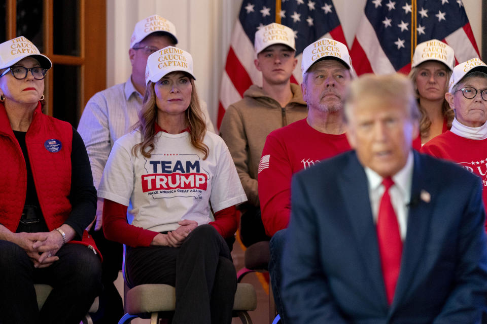 Republican presidential candidate former President Donald Trump participates in a virtual rally at Hotel Fort Des Moines in Des Moines, Iowa, Saturday, Jan. 13, 2024. (AP Photo/Andrew Harnik)