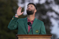 Jon Rahm, of Spain, celebrates winning the Masters golf tournament at Augusta National Golf Club on Sunday, April 9, 2023, in Augusta, Ga. (AP Photo/David J. Phillip)