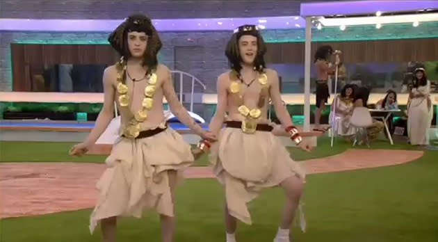 Jedward got VERY into the Egyptian task and dressed up as Cleopatra.