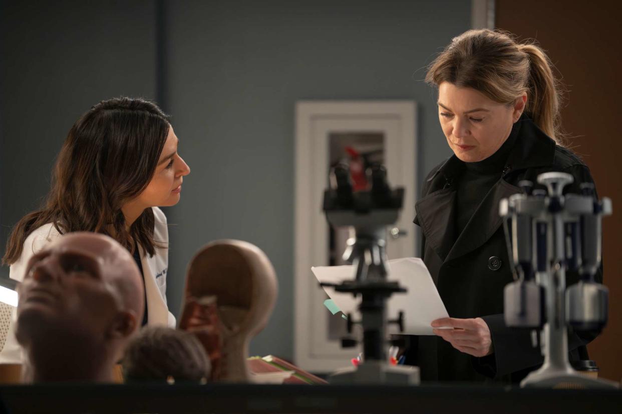 <p>Disney/Anne Marie Fox</p> From left: Caterina Scorsone and Ellen Pompeo on "Grey