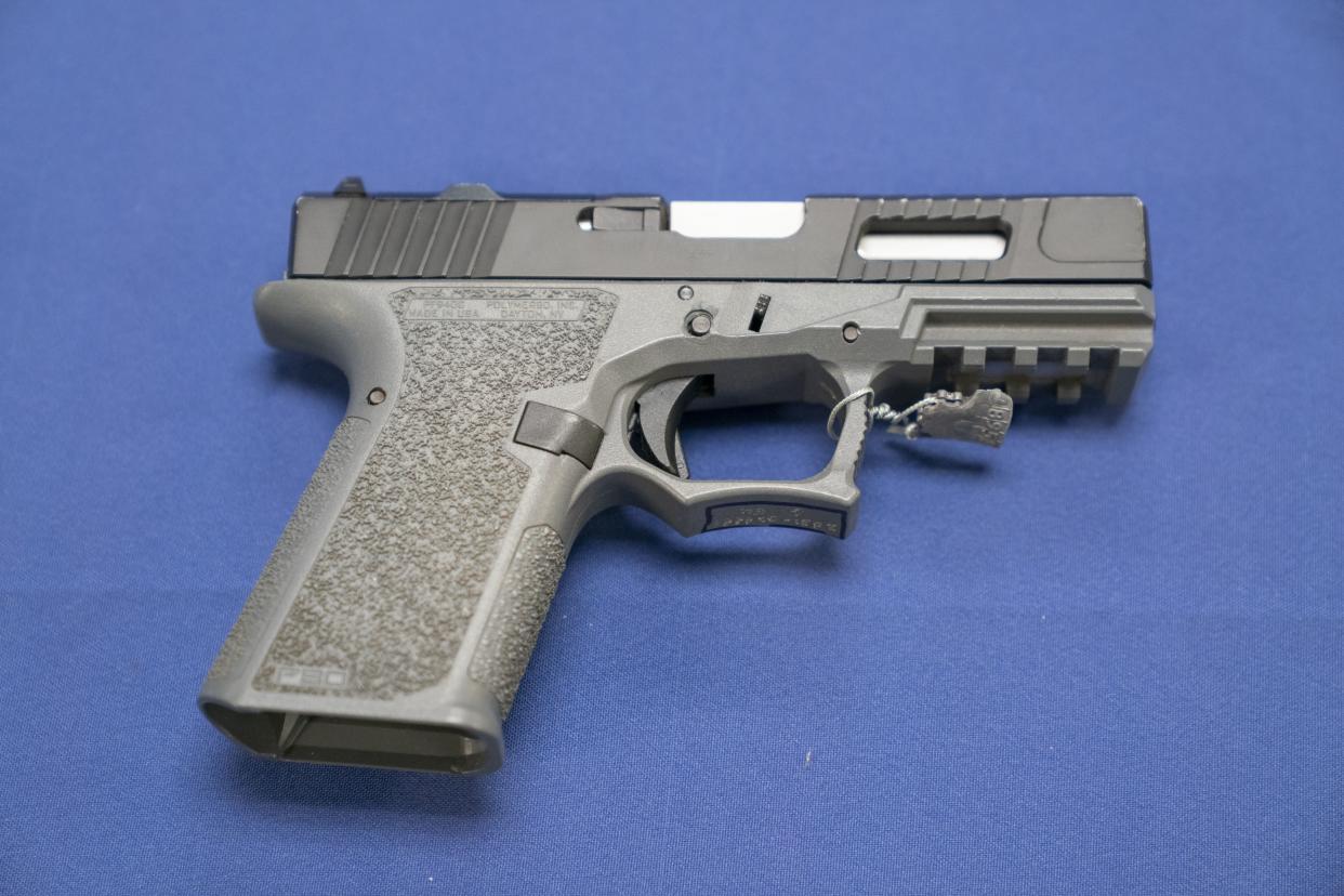 A recovered ghost gun is pictured during a press conference announcing the arrest of 20 alleged members of the G-Side/Drilly gang members on Thursday, April 6, 2022, in Bronx, New York.