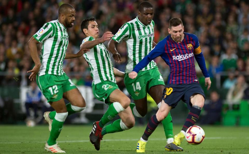 Lionel Messi scores the second goal of his hat-trick against Real Betis this month.