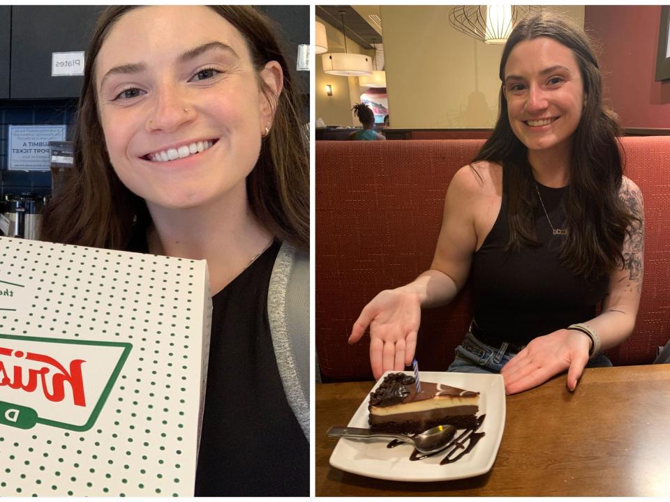 Two side-by-side pictures show the author with a box of donuts and a piece of cake.