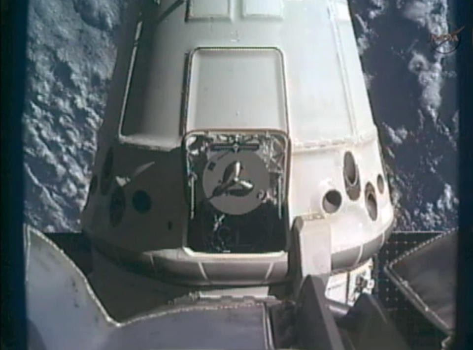 This framegrab image from NASA-TV shows the SpaceX Dragon capsule just after the capsule is released from the Canadarm2 at 5:49 a.m. EDT Thursday morning May 31, 2012. The Dragon capsule is scheduled for splashdown at 11:44 a.m. EDT Thursday in the Pacific Ocean. (AP Photo/NASA)