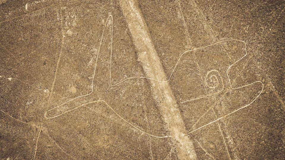 Aerial photo of Nazca lines in Peru. This geoglyph looks like a line drawing of a whale.