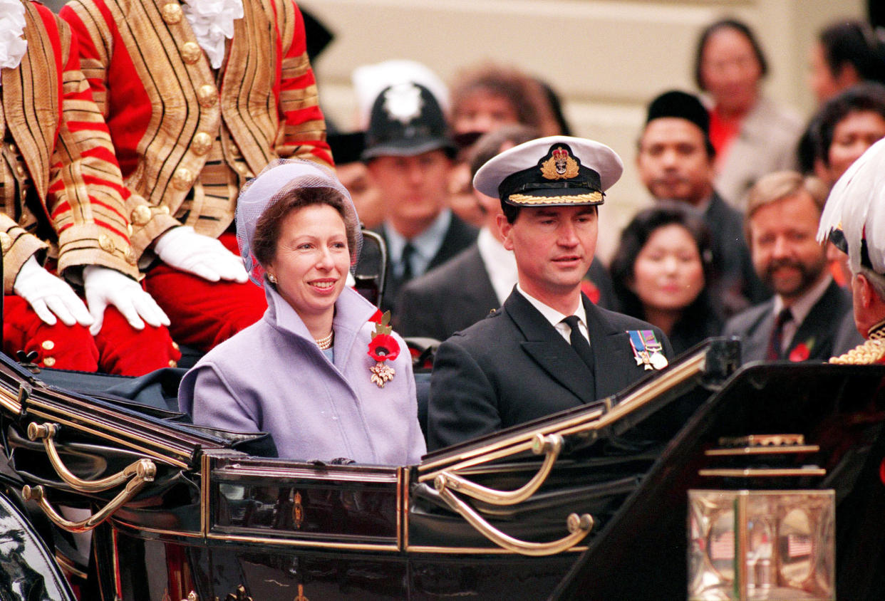 Princess Anne and husband Commander Tim Lawrence in a royal carriage at the Malaysian head of state visit with Sultan Azlan Shah.  (Frank Barrett / AP)