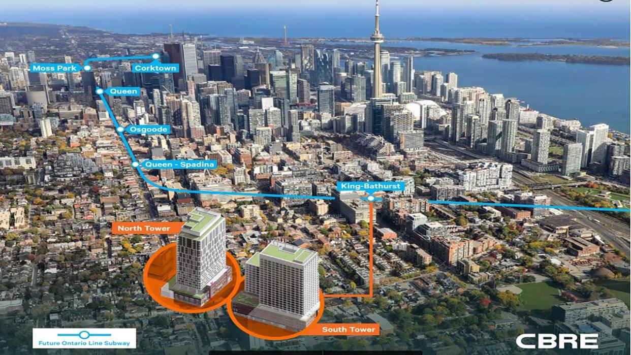 The site at King and Bathurst streets is the first of several along the future Ontario line to have received a Ministerial Zoning Order expected to be listed for developer interest. The site is part of the provincial government’s Transit Oriented Communities plan that aims to increase density near transit stations.  (Infrastructure Ontario/CBRE - image credit)