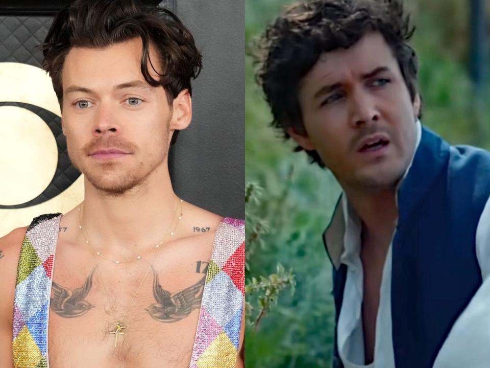 harry styles on the grammy's red carpet and prince eric singing his big solo in live action little mermaid