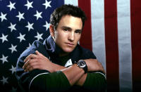 FILE - US Olympic freestyle moguls skier Jeremy Bloom poses for a portrait on Oct. 11, 2005, in Colorado Springs, Colo. Olympians including Michael Phelps, Apolo Ohno and Bloom are opening up about their mental health struggles in a new sobering documentary about suicide and depression among the world's greatest athletes. Many of the athletes are sharing their pain for the first time in HBO's "The Weight of Gold," which aims to expose the problem, incite change among Olympics leadership and help others experiencing similar issues feel less alone. (AP Photo/Ed Andrieski, File)