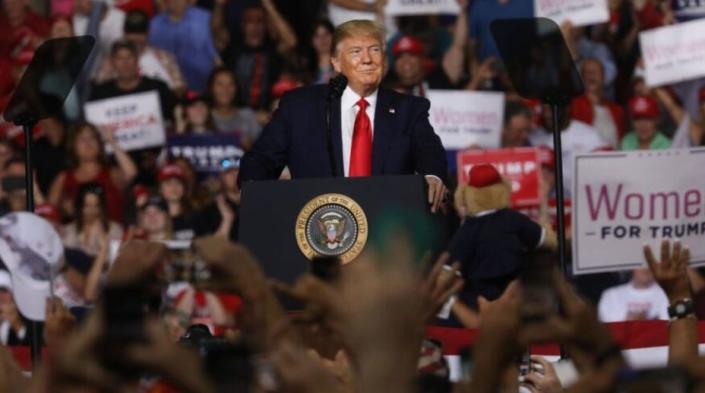 President Trump speaks to supporters at a rally in Manchester, N.H., in February 2020.