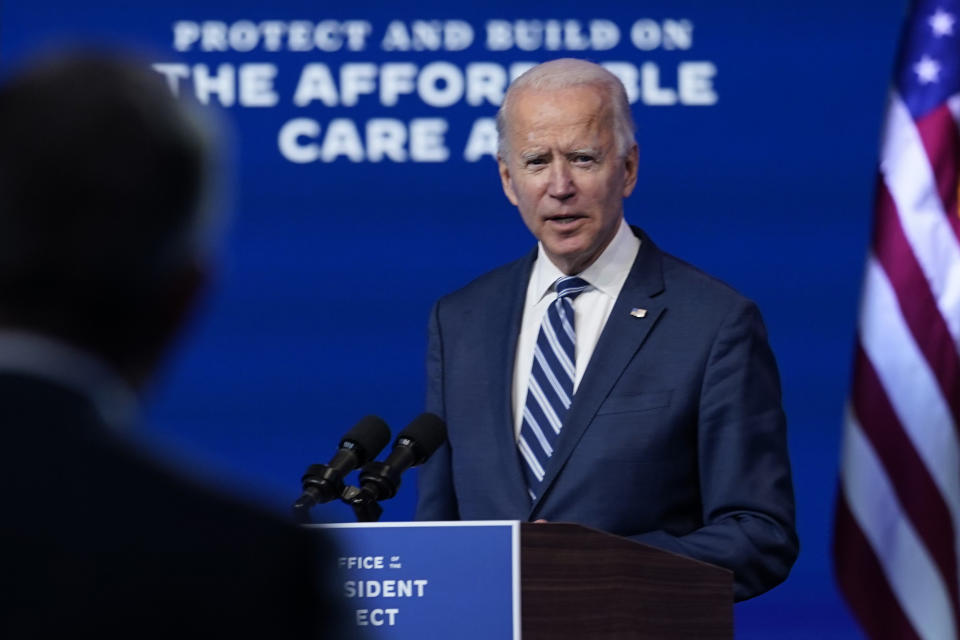 President-elect Joe Biden answers a reporter's question at The Queen theater, Tuesday, Nov. 10, 2020, in Wilmington, Del. (AP Photo/Carolyn Kaster)