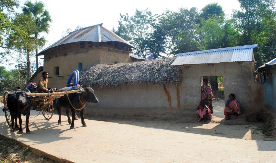 A man rides a bullock cart past Santhal tribal women in a village where a woman was gang raped, allegedly on the direction of a village council at Subalpur, in Birbhum district, about 180 kilometers (110 miles) north of Kolkata, the capital of the eastern Indian state of West Bengal, Friday, Jan. 24, 2014. The woman told police that Monday's attack came as punishment for falling in love with a man from a different community and religion. The case has brought fresh scrutiny to the role of village councils, common in rural Indian, which decide on social norms in the village. (AP Photo)