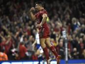 Wales' Rhys Webb celebrates after scoring a try against New Zealand during their Autumn International rugby union match at the Millennium Stadium in Cardiff, Wales, November 22, 2014. REUTERS/Rebecca Naden