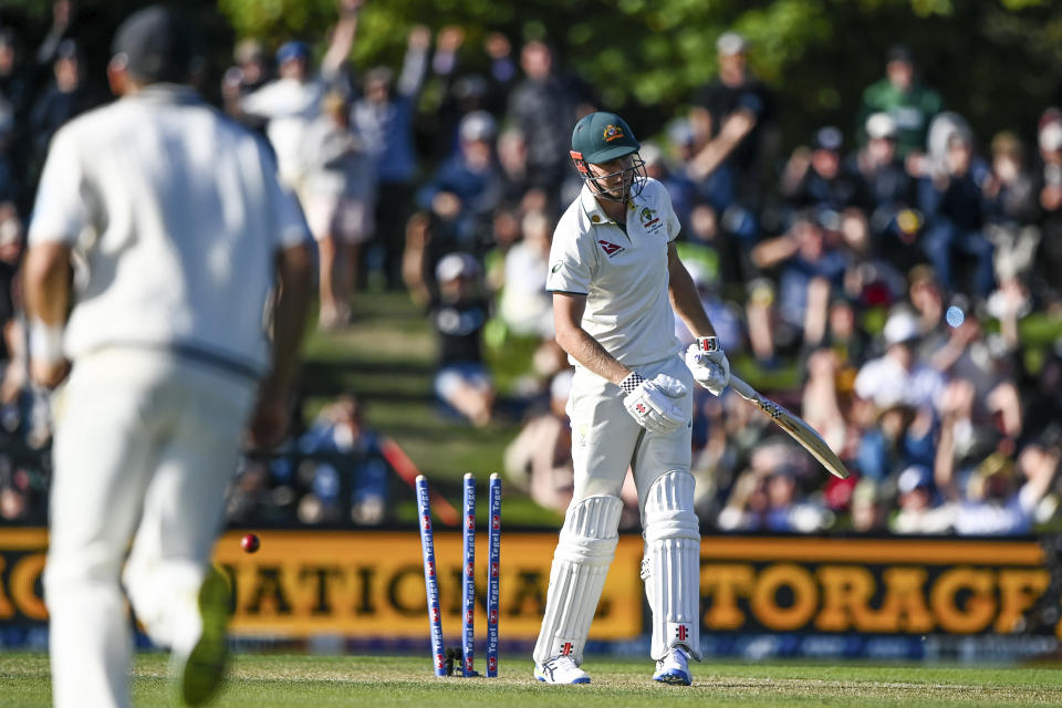 Australia's Cam Green reacts after he was out bowled by New Zealand's Matt Henry on day one for the second cricket test between New Zealand and Australia in Christchurch, New Zealand, Friday March 8, 2024. (John Davidson/Photosport via AP)