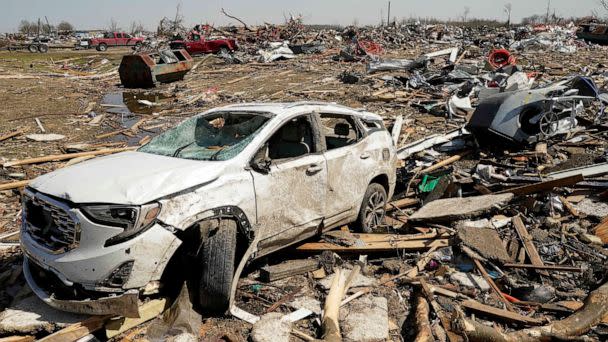 PHOTO: A vehicle destroyed by a tornado sits in a pile of rubble, Mar. 25, 2023, in Rolling Fork, Miss. (Rogelio V. Solis/AP)