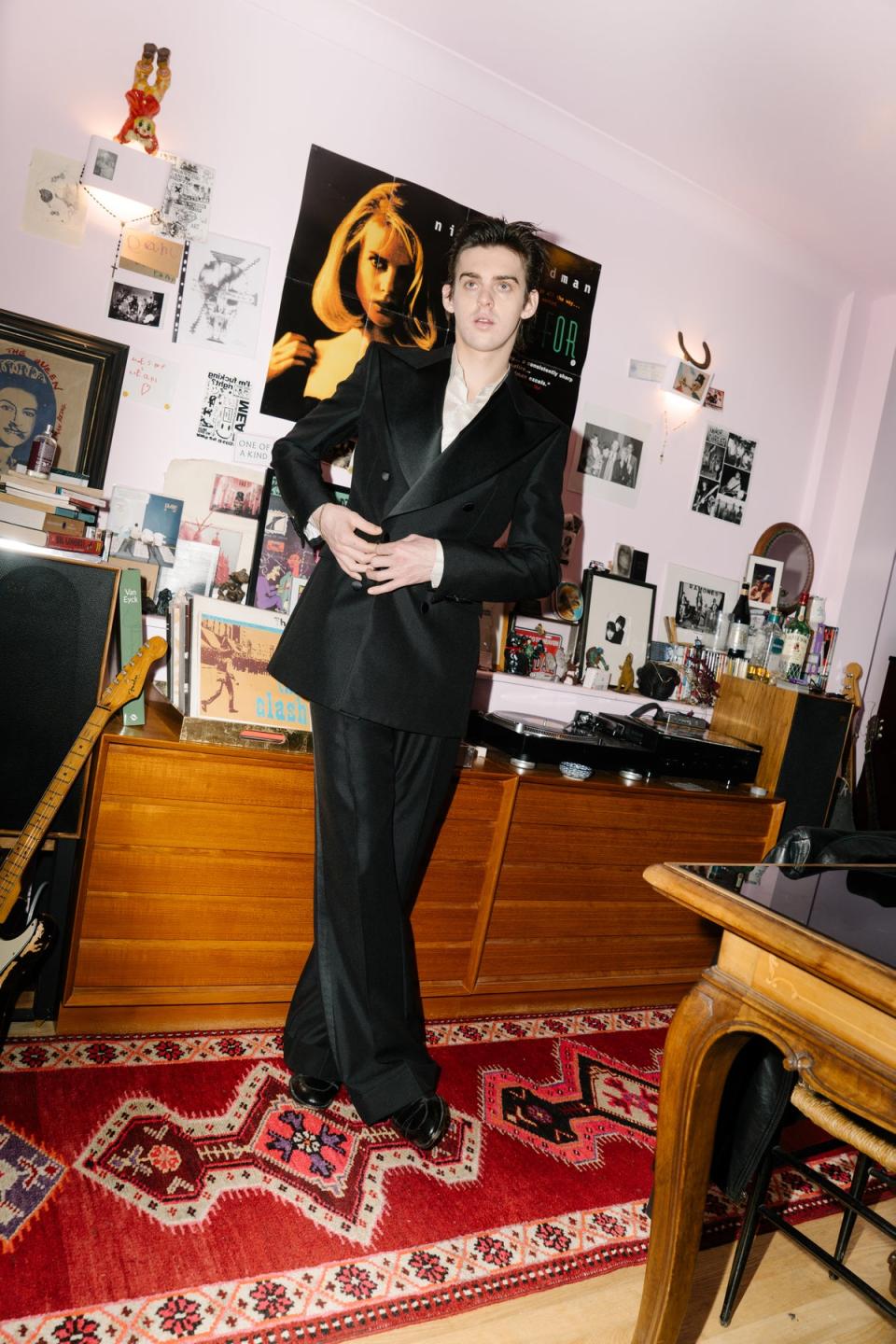 Prince of darkness, or sweetness and light? | Earl Cave wears Ben Cobb x Tiger of Sweden satin-lapel wool-blend jacket, £1,000; wool-blend trousers, £700; Lurex-stripe silk-blend shirt, £550 (all at tigerofsweden.com). Shoes, Earl’s own (Bob Foster and ES Magazine)