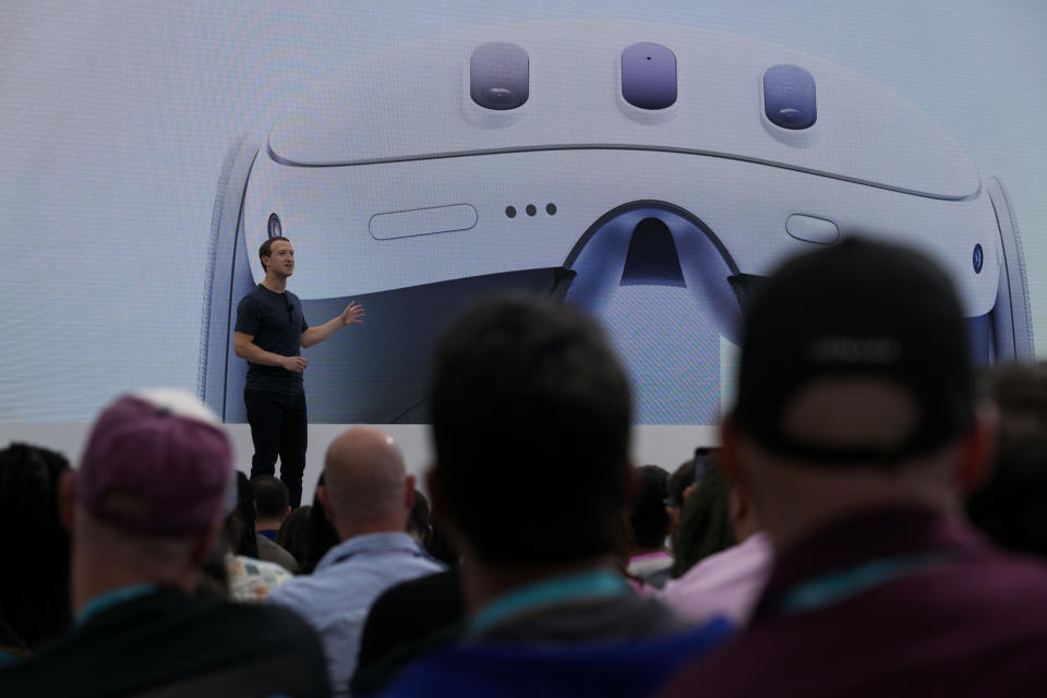 Meta CEO Mark Zuckerberg speaks during the tech giant's Connect developer conference Wednesday, Sept. 27, 2023, in Menlo Park, Calif. The company, which renamed itself Meta two years ago, is expected to unveil the next version of its virtual reality headset, the Quest 3 and possibly discuss AI chatbots and other tools and features designed to keep users interested in Facebook and Instagram as competition with TikTok continues.(AP Photo/Godofredo A. Vásquez)