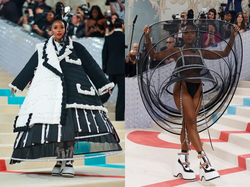 Janelle Monae at Met Gala in look one, a coat, and look two, a wired mesh suit