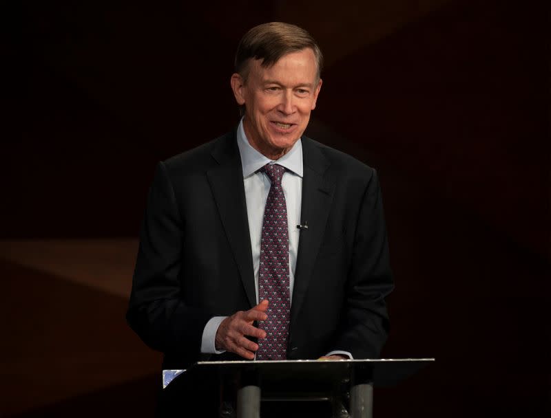 Democratic challenger and former Colorado Gov. John Hickenlooper speaks during the final debate in Fort Collins