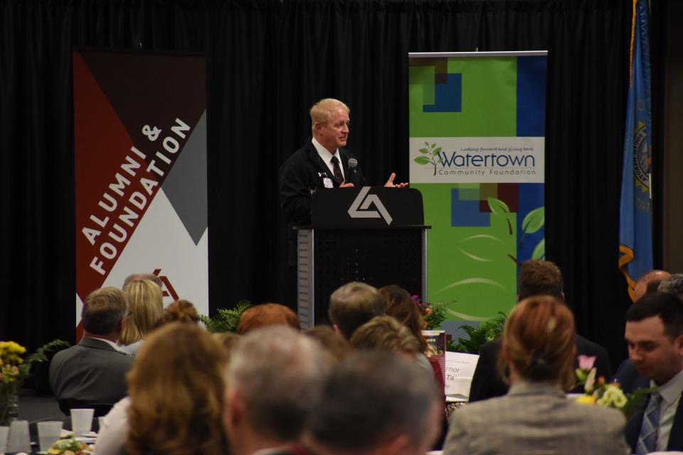 Lake Area Technical College President Mike Cartney speaks at the Governor's Annual Luncheon Friday when $15.5 million in gifts were announced for campus improvements.