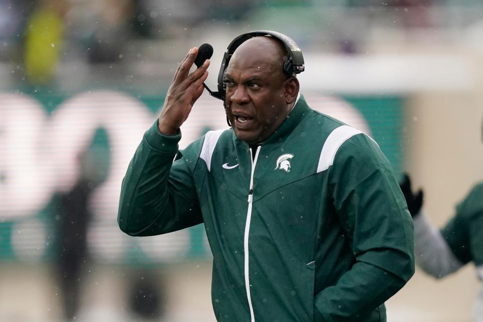 Michigan State coach Mel Tucker is shown on the sideline during his team's game against Indiana, Saturday, Nov. 19, 2022, in East Lansing, Mich.