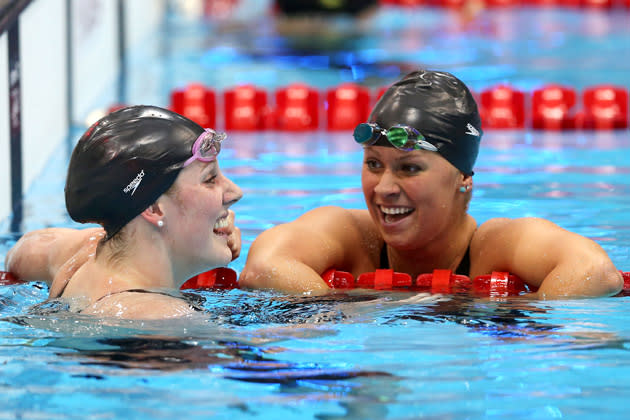 LONDON, ENGLAND - AUGUST 03: Elizabeth Beisel (R) of the United States and Missy Franklin of the United States react after Franklin won the Women's 200m Backstroke Final on Day 7 of the London 2012 Olympic Games at the Aquatics Centre on August 3, 2012 in London, England. (Photo by Clive Rose/Getty Images)