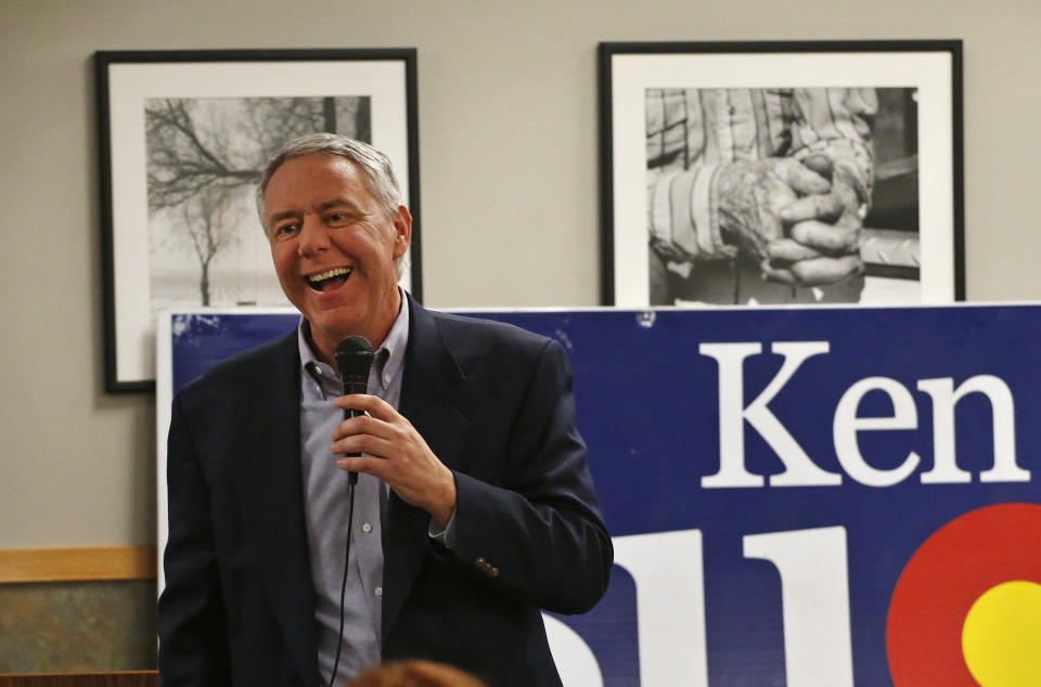 FILE - In this Jan. 24, 2014, file photo, Weld County District Attorney Ken Buck speaks to supporters during a campaign dinner event at Johnson's Corner, a truck stop and diner in Johnstown, Colo. Republican primaries this election year will be a crucial test for the Tea Party movement as the GOP establishment has aggressively challenged tea party-backed candidates in Kentucky, Kansas, Idaho, Mississippi, Michigan and elsewhere. Tea party-affiliated Buck, who lost a close Senate race in 2010, stepped aside to run for the House this week while more mainstream Rep. Cory Gardner launched a Senate bid in a political deal. (AP Photo/Brennan Linsley, File)