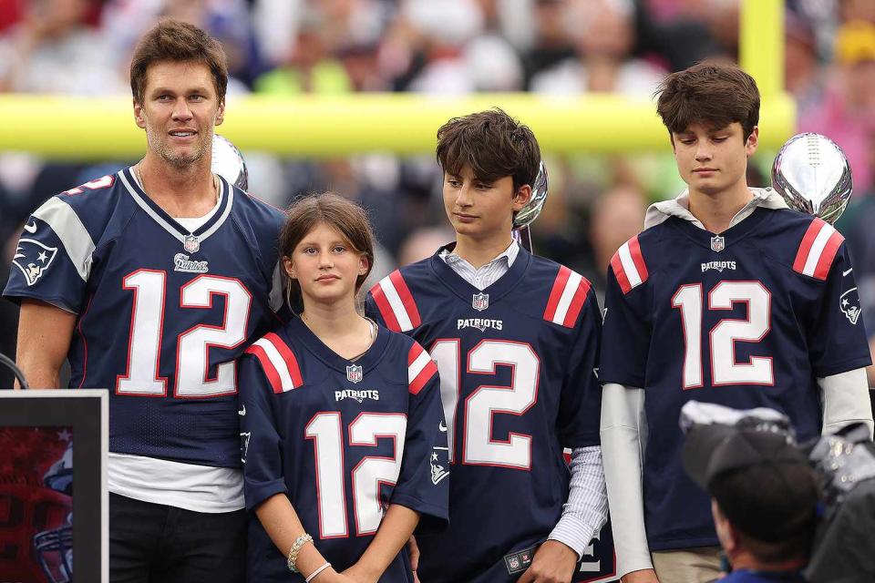 <p>Maddie Meyer/Getty</p> Tom Brady with his three children in 2023.