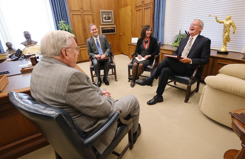 President M. Russell Ballard, Aaron Jenne, Suzanne Drysdale and Elder Patrick Kearon share a laugh on May 12, 2021.