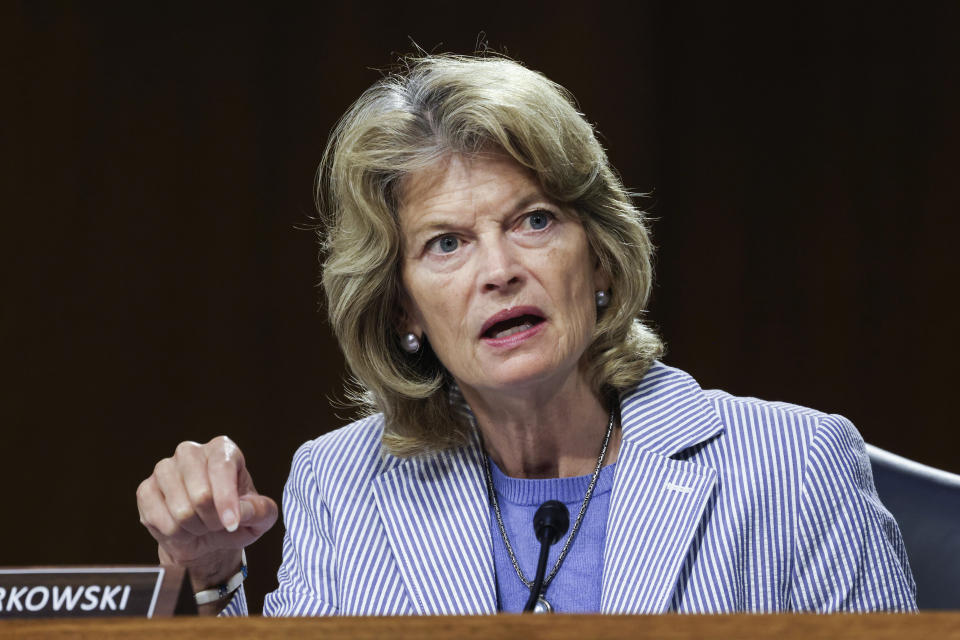 FILE - Sen. Lisa Murkowski, R-Alaska, speaks during a hearing on Capitol Hill in Washington, on June 17, 2021. Murkowski continues to have a substantial cash advantage over her opponent backed by former President Donald Trump, who has vowed revenge on the incumbent Alaska Republican. Murkowski brought in more than $1.5 million in the three-month period ending March 31, 2022, according to Federal Election Commission filings. The quarterly reports were due Friday, April 15. Murkowski ended the quarter with $5.2 million cash on hand with no debt. (Evelyn Hockstein/Pool Photo via AP, File)