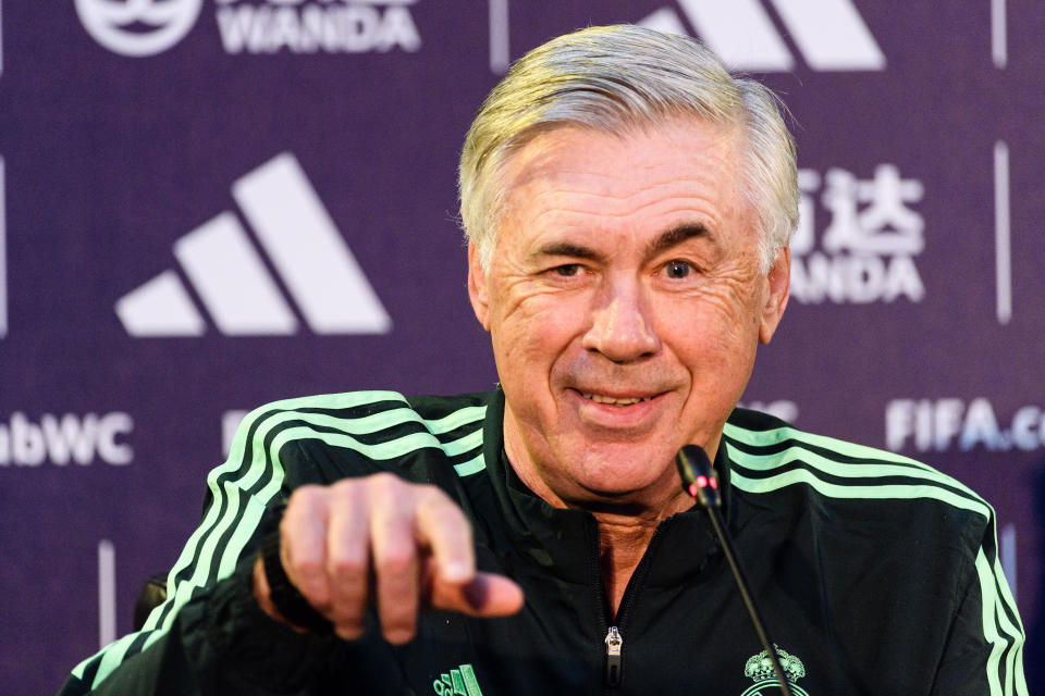 RABAT, MOROCCO - FEBRUARY 10: Real Madrid Head Coach Carlo Ancelotti talks during the press conference prior the match between Real Madrid and Al Hilal at Stade Moulay Abdellah on February 10, 2023 in Rabat, Morocco. (Photo by Marcio Machado/Eurasia Sport Images/Getty Images)