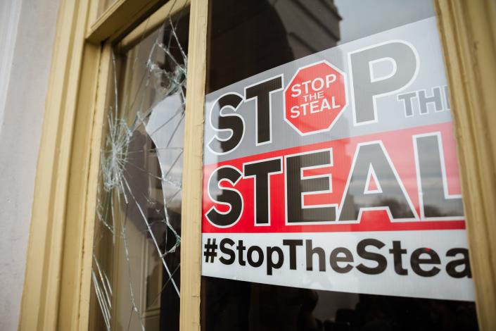 A Stop The Steal is posted inside of the Capitol Building after a pro-Trump mob broke into the U.S. Capitol on January 6, 2021 in Washington, DC. A pro-Trump mob stormed the Capitol, breaking windows and clashing with police officers. Trump supporters gathered in the nation's capital today to protest the ratification of President-elect Joe Biden's Electoral College victory over President Trump in the 2020 election. 