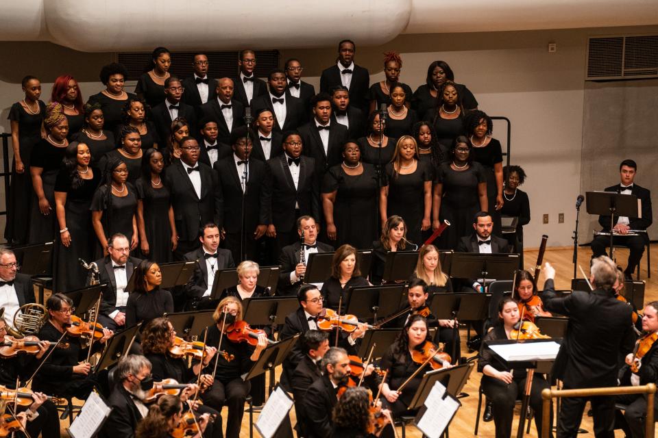 The Stillman College Choir and Tuscaloosa Symphony Orchestra will team again at 7 p.m. Monday, in the University of Alabama's Moody Concert Hall, for a concert featuring classical, spiritual, Broadway and gospel music. They're shown here in the 2023 performance.