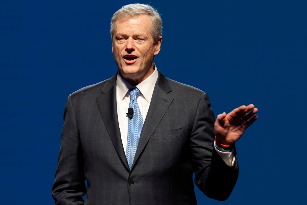 NCAA President Charlie Baker speaks at his first state of college sports address at the association's annual convention Wednesday, Jan. 10, 2024, in Phoenix.