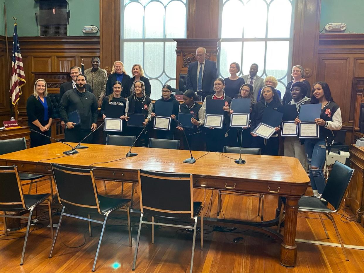 The South High girls' basketball team was recognized by the School Committee on Thursday.