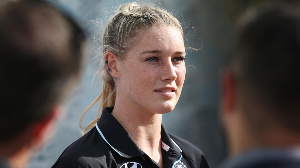 Tayla Harris speaks during a press conference at Ikon Park. (Photo by Michael Dodge/Getty Images)