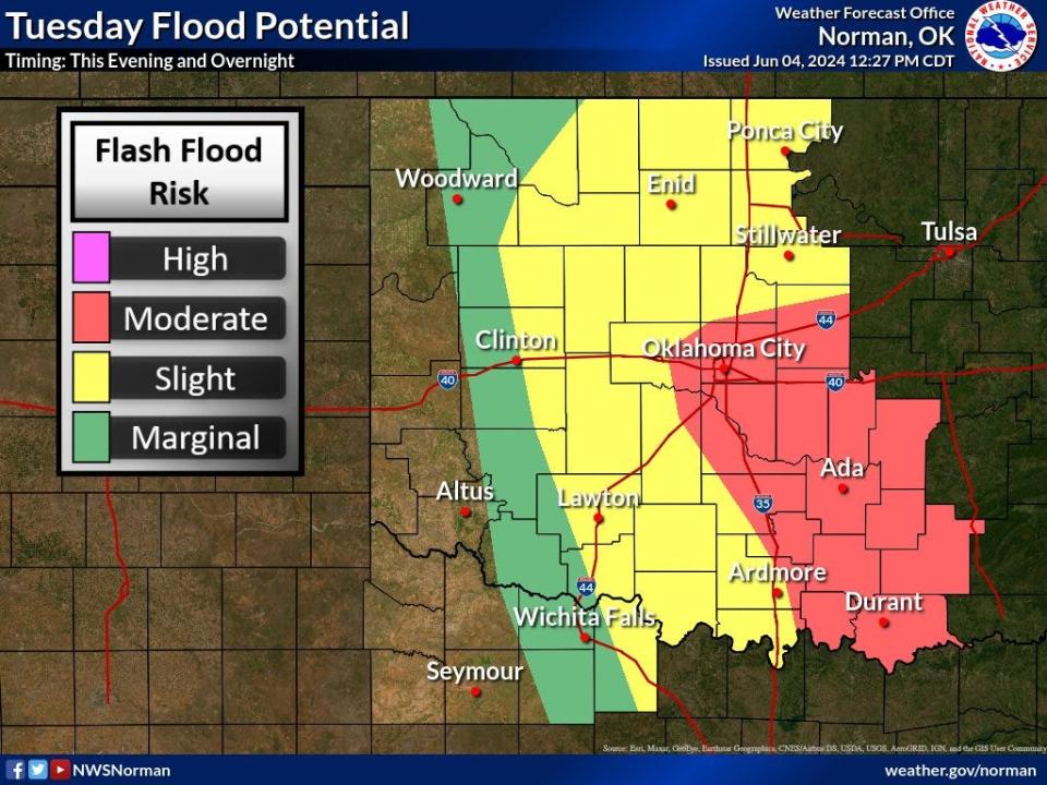 Areas in Oklahoma are at risk of flash flooding on Tuesday, according to NWS Norman.