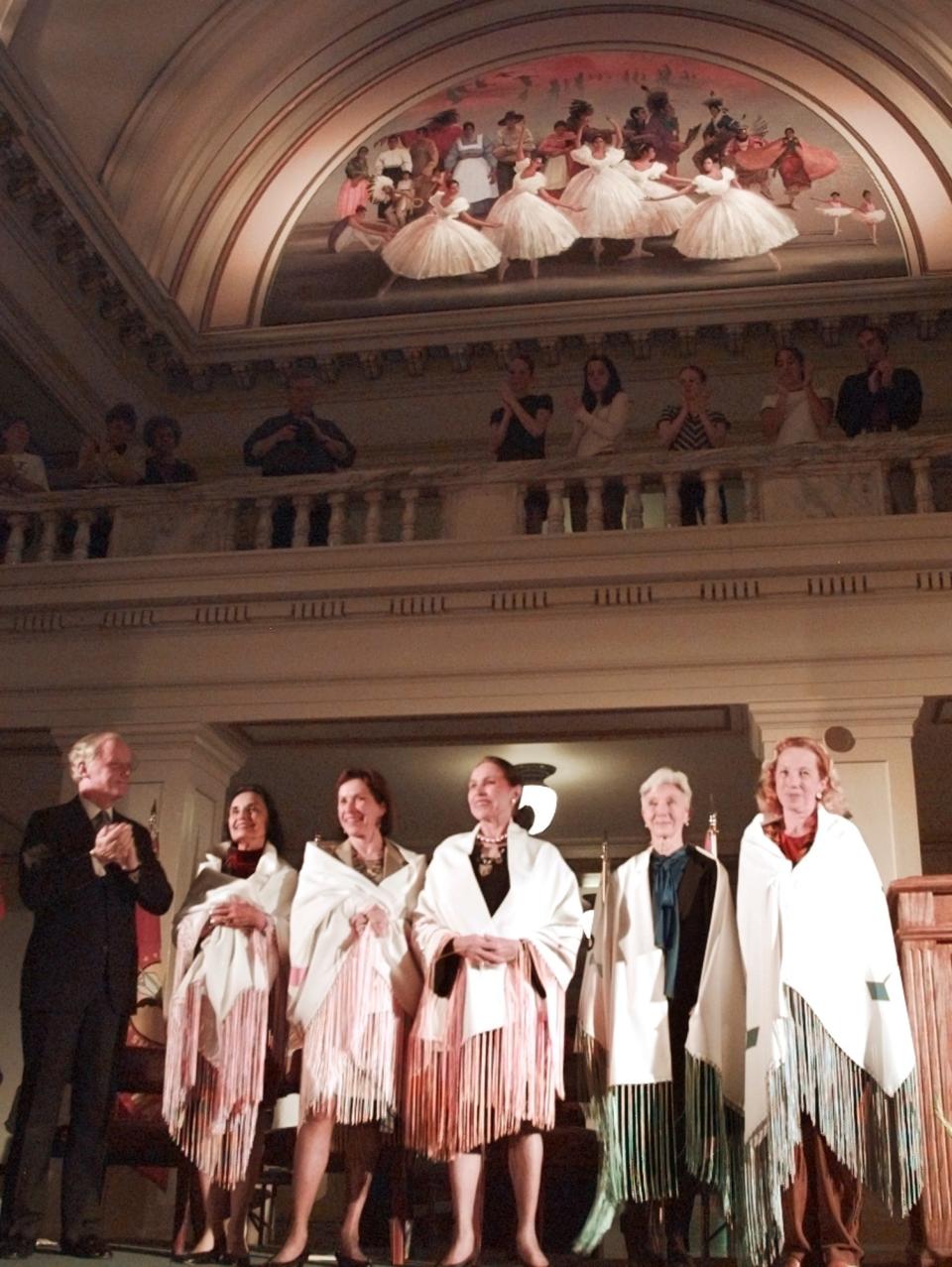 Gov. Frank Keating applauds Oklahoma's five Native American prima ballerinas, from left, Moscelyne Larkin, Marjorie Tallchief, Maria Tallchief, Rosella Hightower and Yvonne Chouteau as they are honored as Oklahoma Treasures at a 1997 event at the state Capitol.