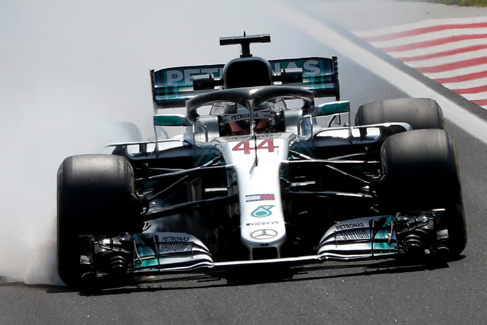 Smokin’ hot: Lewis Hamilton gives his tyres some abuse in practice for the 2018 Hungarian Grand Prix