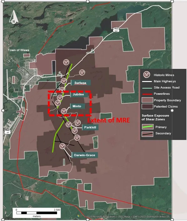 Figure 3: Plan view of the property showing area of the Mineral Resource and other known gold zones.