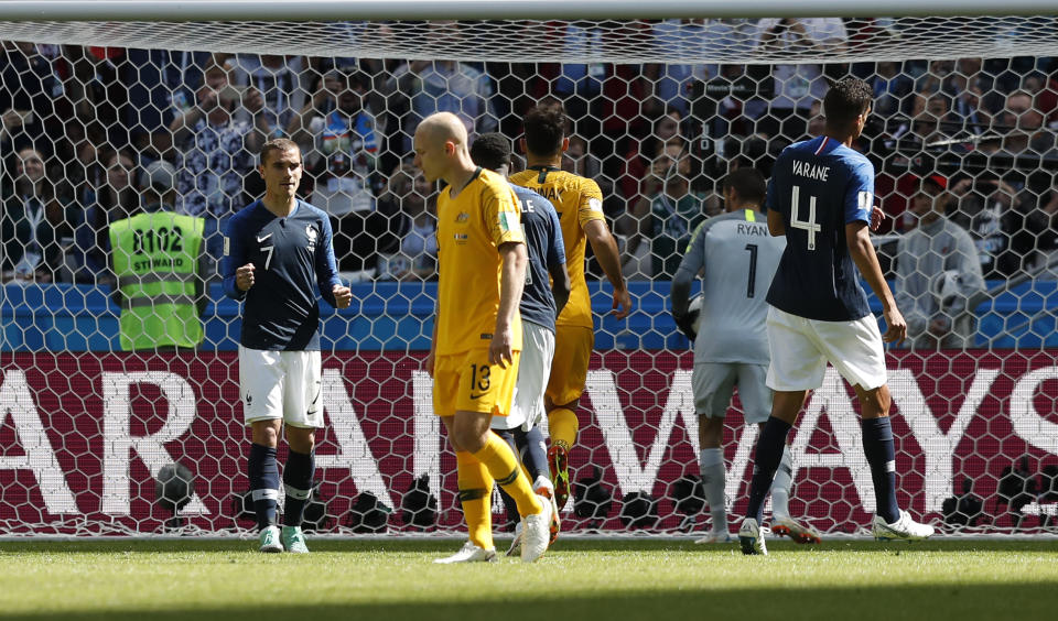 Antoine Griezmann celebrates after his penalty put France ahead against Australia (AP Photo/Pavel Golovkin)