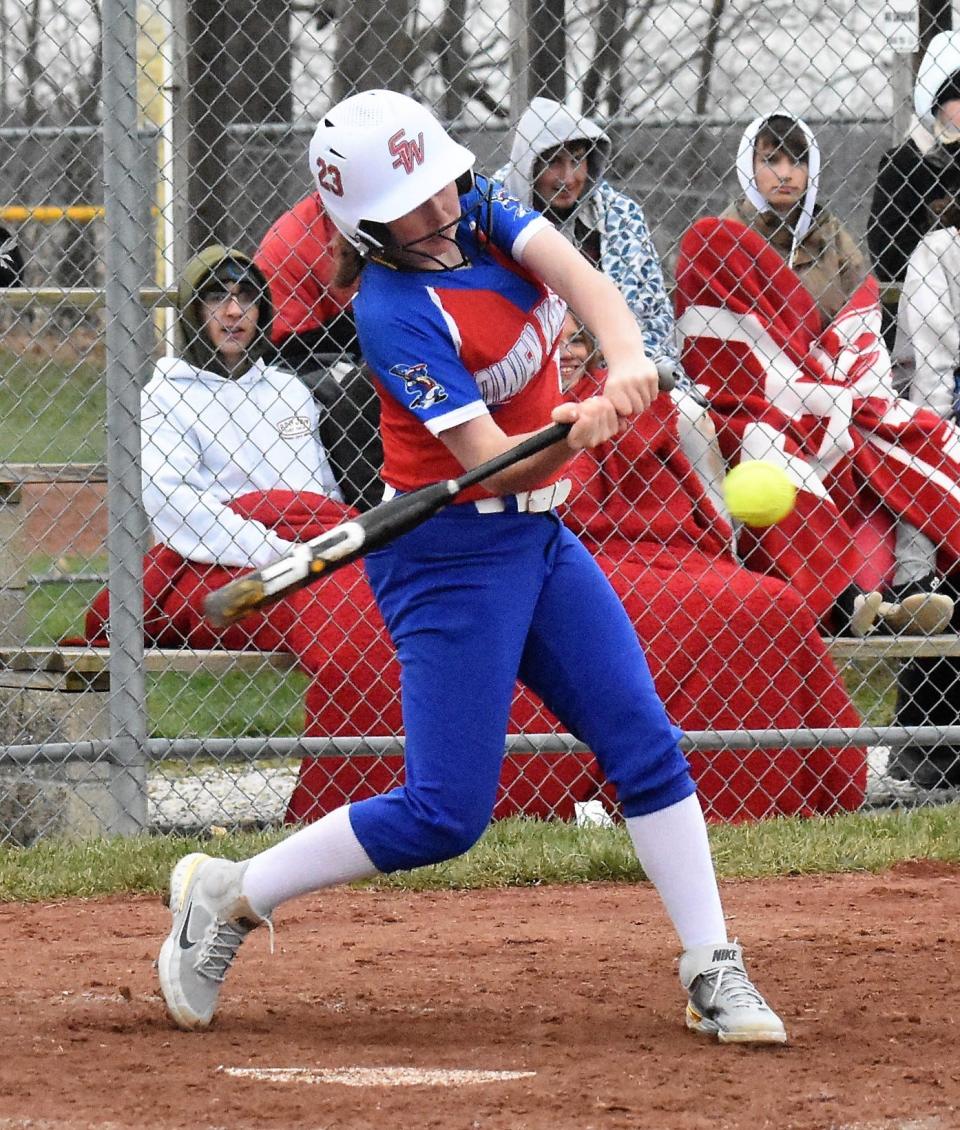 Owen Valley freshman Kalyn Greene takes a swing during a game against Eminence on April 8, 2022.