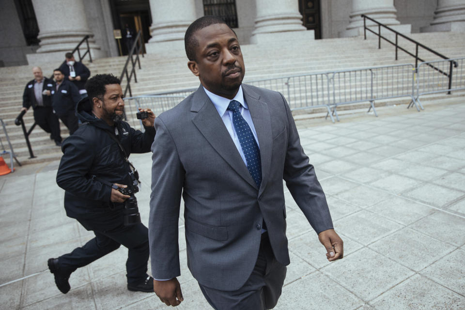FILE - Former New York Lieutenant Governor Brian Benjamin leaves a hearing in federal court on Monday, April. 18, 2022, in New York. Benjamin previously plead not guilty to corruption charges. Nearly three weeks after New York's lieutenant governor resigned in a corruption scandal, Gov. Kathy Hochul and state lawmakers are trying to figure out how to replace him both in office and on the ballot.(AP Photo/Kevin Hagen, File)