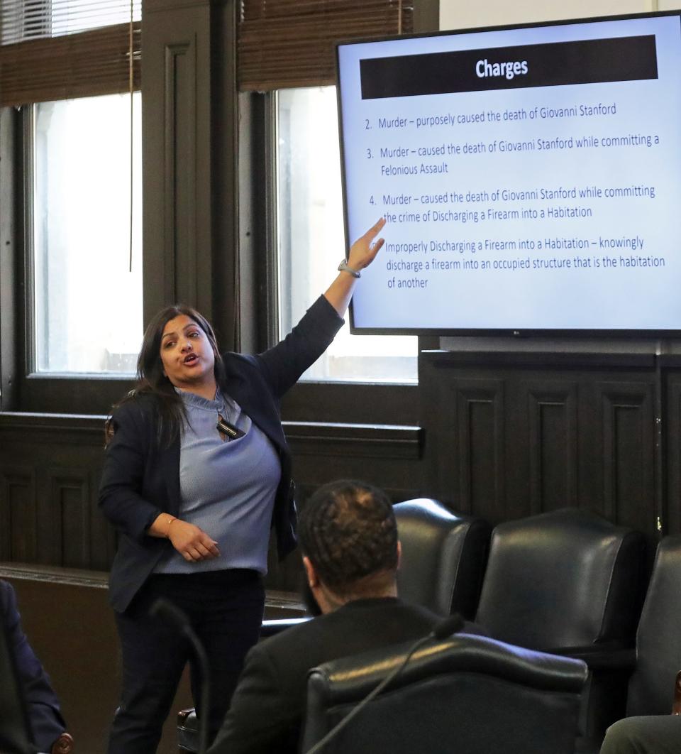 Assistant Summit County Prosecutor Seema Misra reviews the charges against Deair Wray during her closing argument in Wray's murder trial for a double shooting in Cuyahoga Falls.